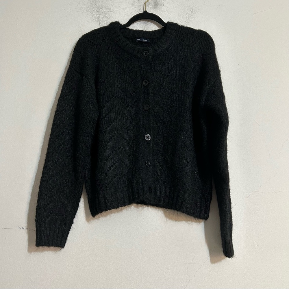 Gap Fuzzy Pointelle Cardigan Sweater Black Wool Blend Fall Layering Chic